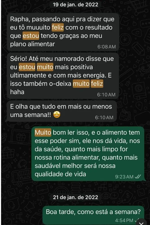 Conversa com aluna Juilly Ferraz sobre estar feliz com o resultado, mais positiva e com mais energia após uma semana de plano alimentar