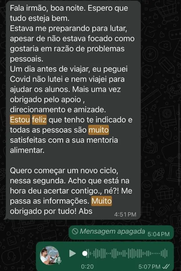 Conversa com aluno Regis Calixto agradecendo pelo apoio, indicando a mentoria para outras pessoas e querendo iniciar novo ciclo